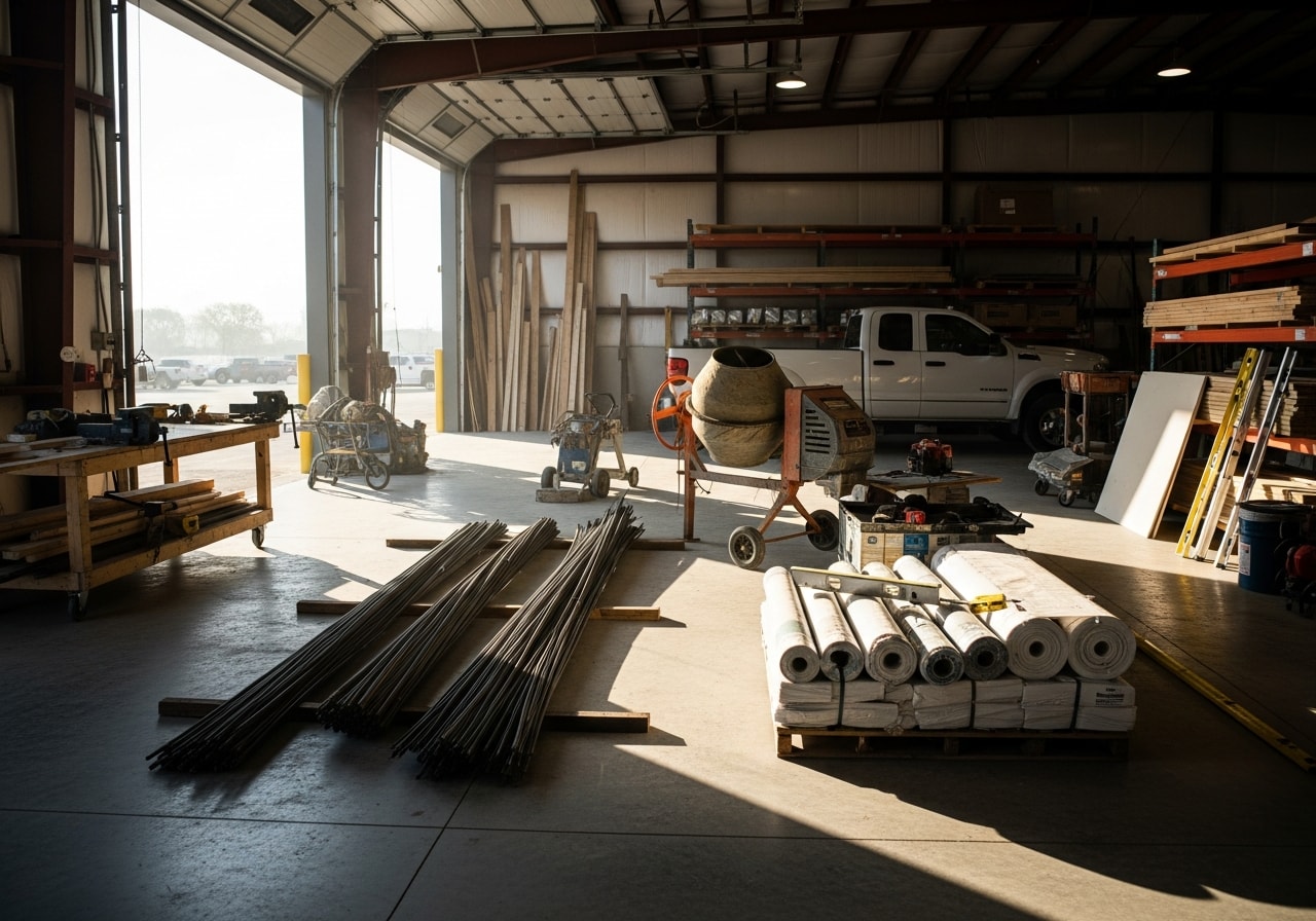 Construction crew and tools on a job site, ready for concrete, roofing, and remodeling work.