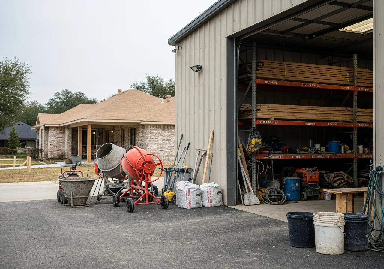 Construction crew and tools ready for concrete, roofing, and remodeling projects on residential and commercial properties.