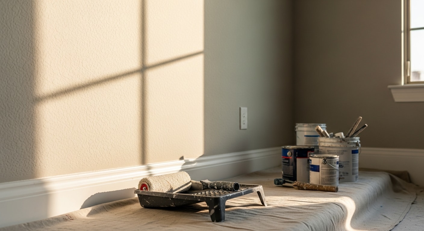 Painter applying fresh paint to interior wall