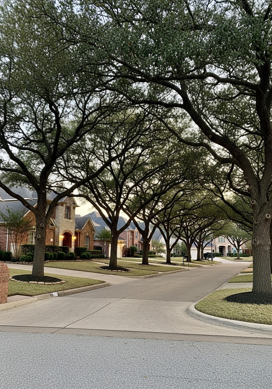 Close-up of a Dallas residential street lined with mature trees and well-maintained homes.