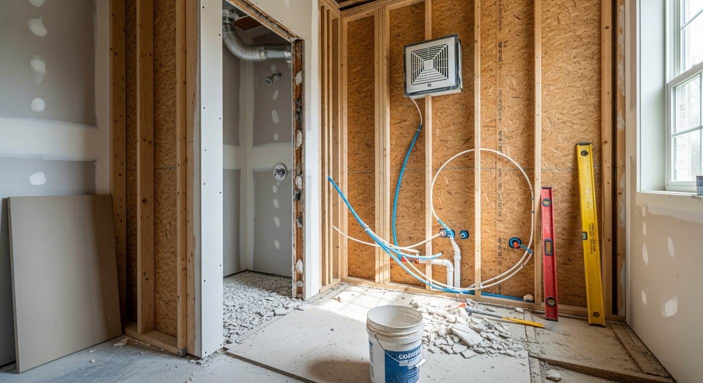 A finished bathroom remodel in a Dallas home showing a walk-in shower with floor-to-ceiling tile, a floating vanity with dual sinks, and updated lighting. The space reflects a clean, functional layout completed by New Image Concrete & Construction.