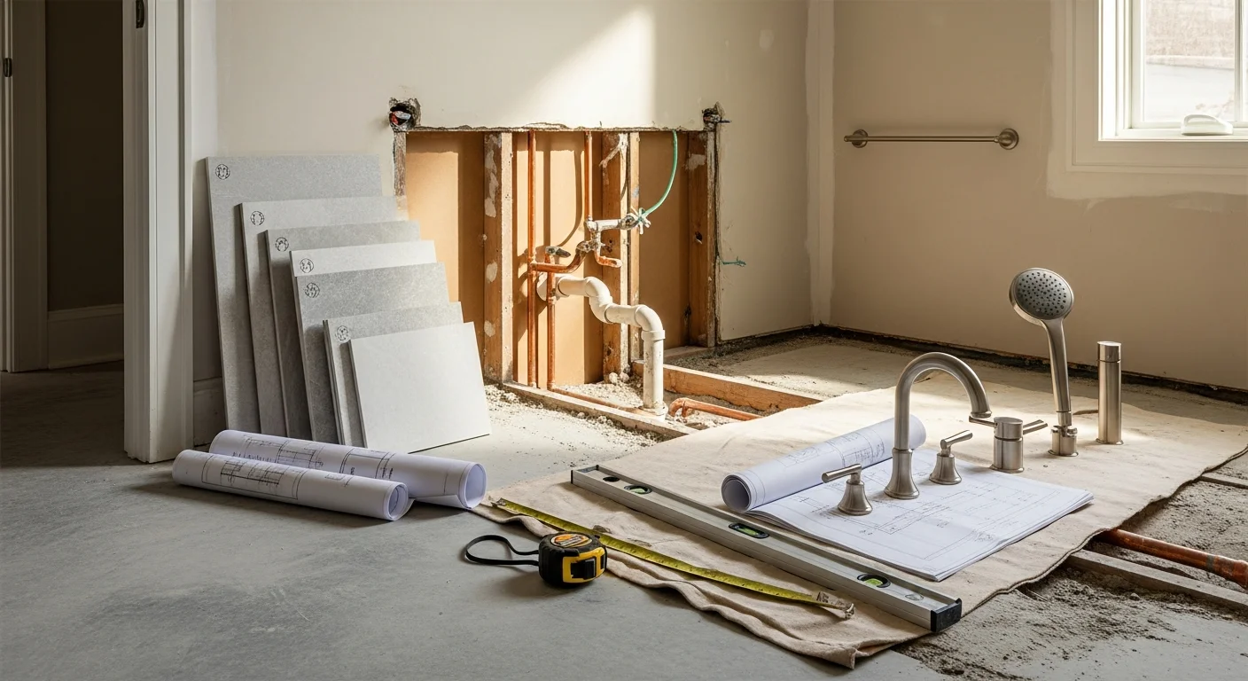 A renovated Dallas bathroom featuring a walk-in tile shower, updated double vanity, and new flooring completed by New Image Concrete & Construction. The finished space shows clean lines and modern fixtures in a single-family home setting.