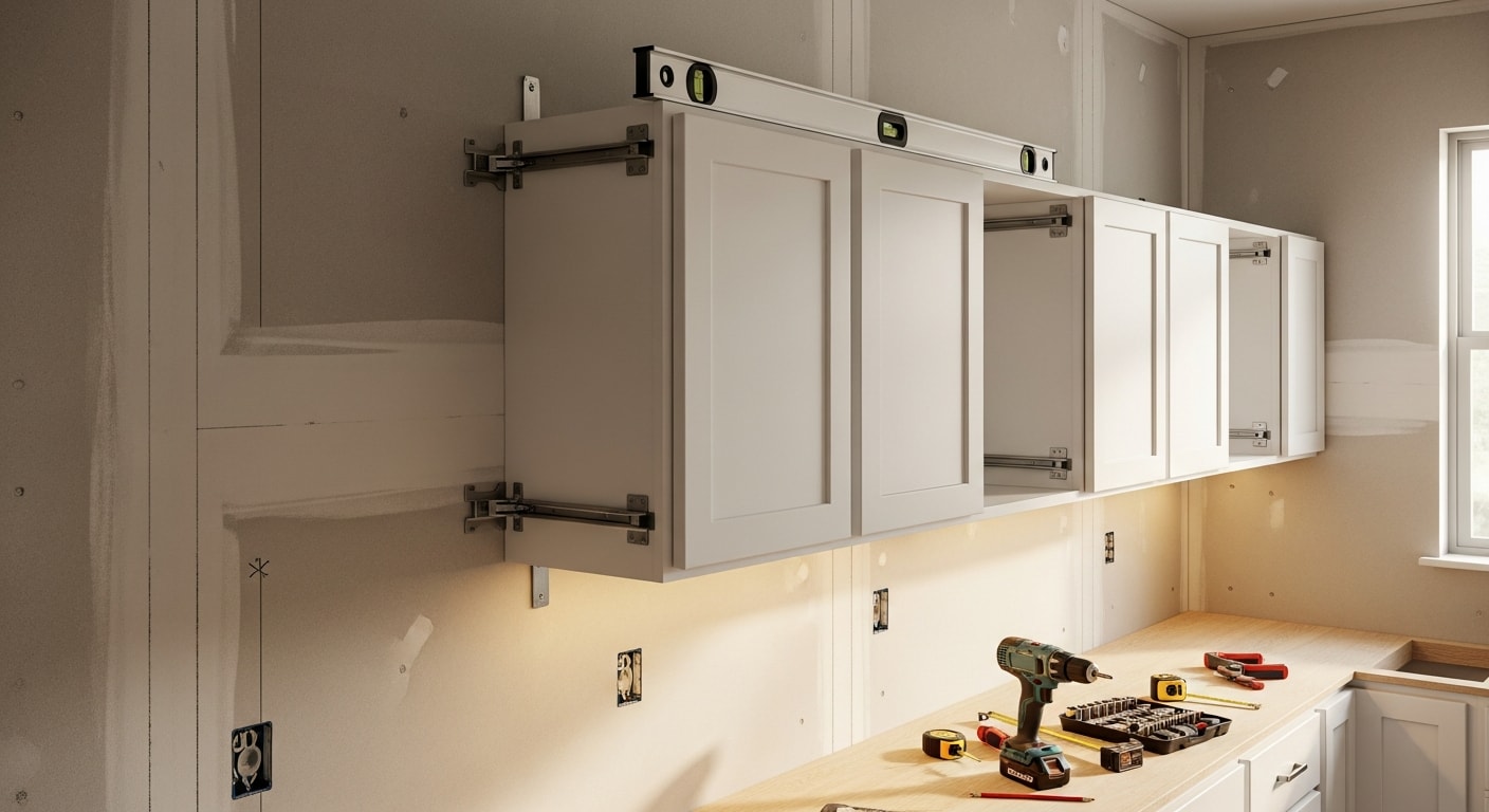 Freshly installed kitchen cabinets in a Dallas home, showing upper and lower cabinet runs set flush against painted drywall with hardware in place. A general contractor levels the final upper cabinet box during installation in a mid-renovation kitchen.