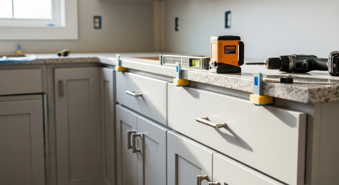 Newly installed white shaker kitchen cabinets in a Dallas home, with upper and lower runs fully mounted and doors aligned. General contractor installation showing base cabinets along a countertop wall with open space for appliances.