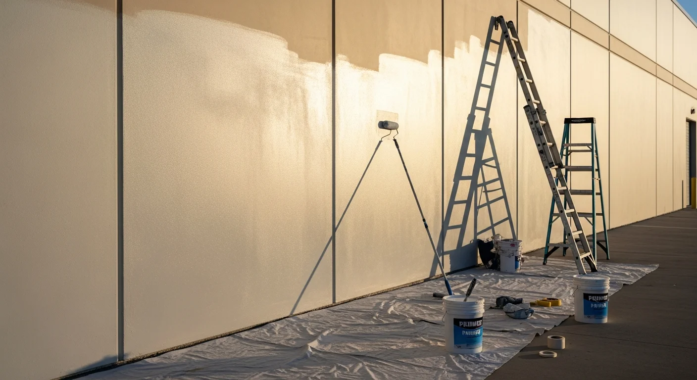 A freshly painted commercial building exterior in Dallas, Texas, showing clean, even coatings on a multi-story facade with no visible peeling or fading. A painting contractor crew works on scaffolding along the building's street-facing wall.