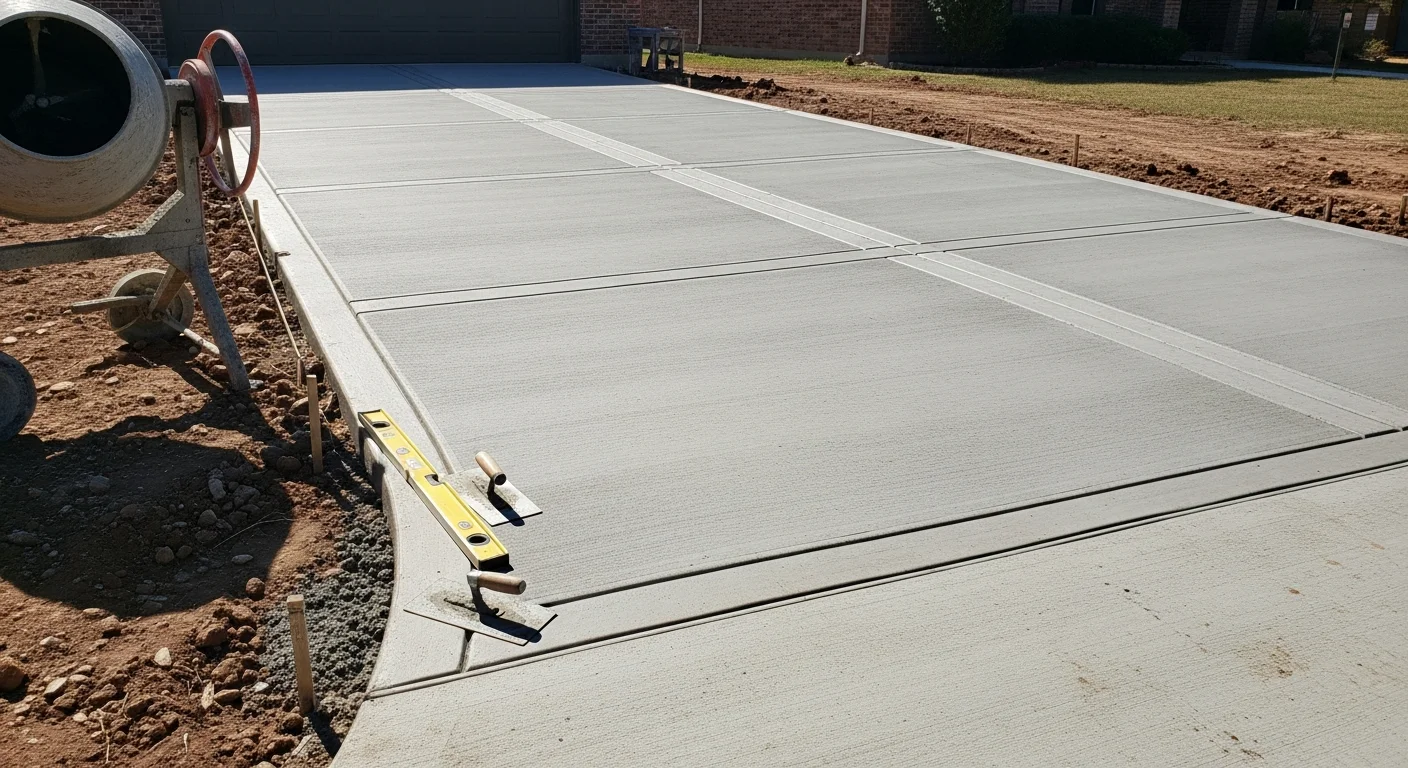 Freshly poured and finished concrete driveway and walkway at a residential property in Dallas, Texas. The surface shows clean edging, a brushed finish, and proper slope away from the home's foundation.
