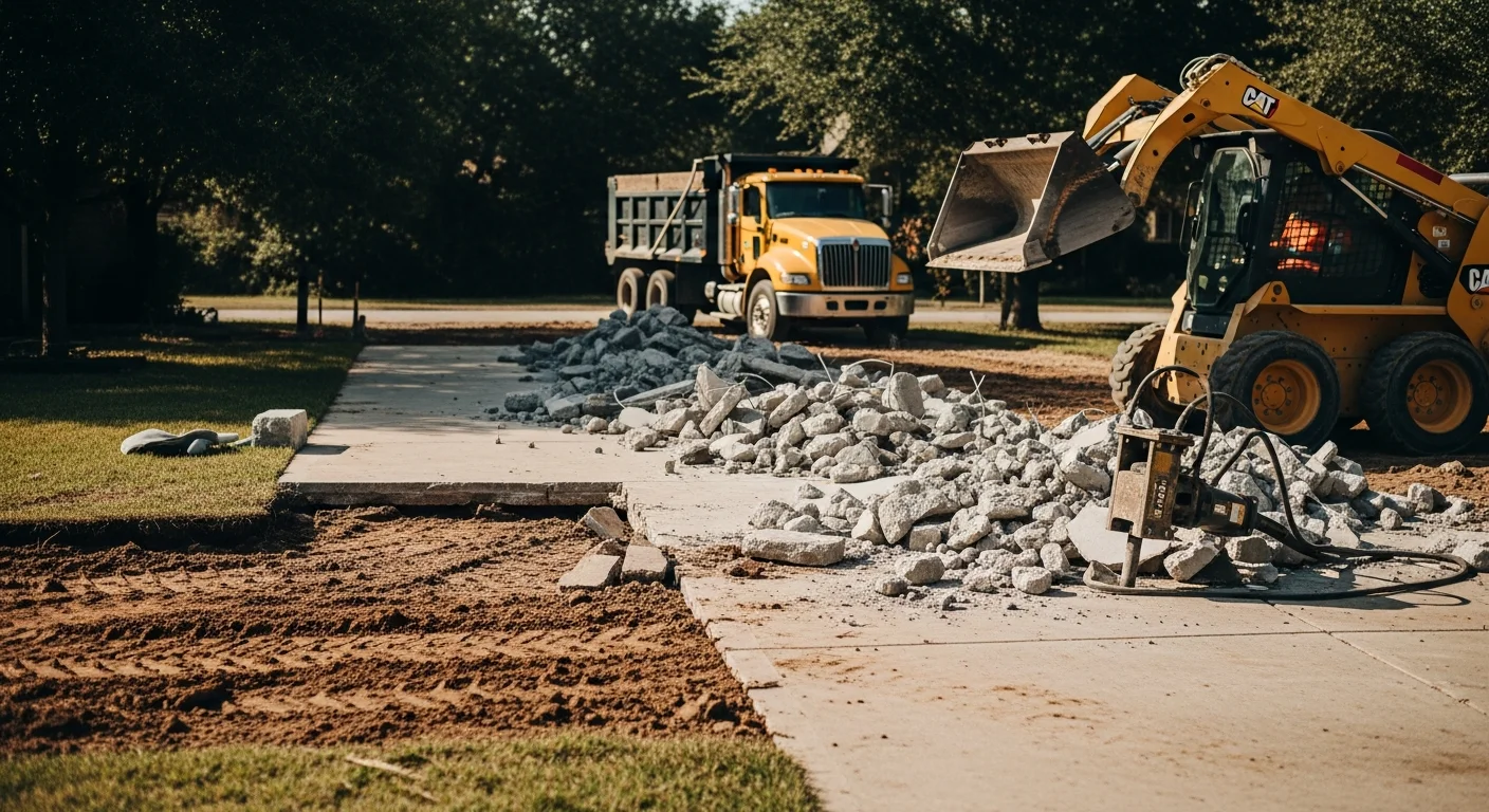 A concrete demolition crew breaking up a cracked residential driveway slab in Dallas, Texas using a hydraulic breaker attachment. Broken concrete chunks are staged near a skid steer for loading and debris removal.