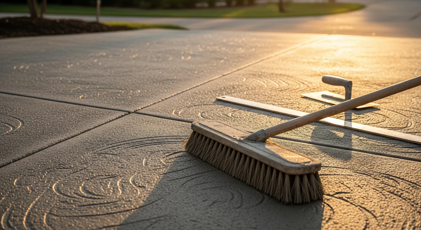 A freshly finished concrete driveway with a clean broom texture in a Dallas residential neighborhood, showing sharp edges and consistent surface color. The slab runs from the street to a two-car garage with no visible cracking or surface defects.