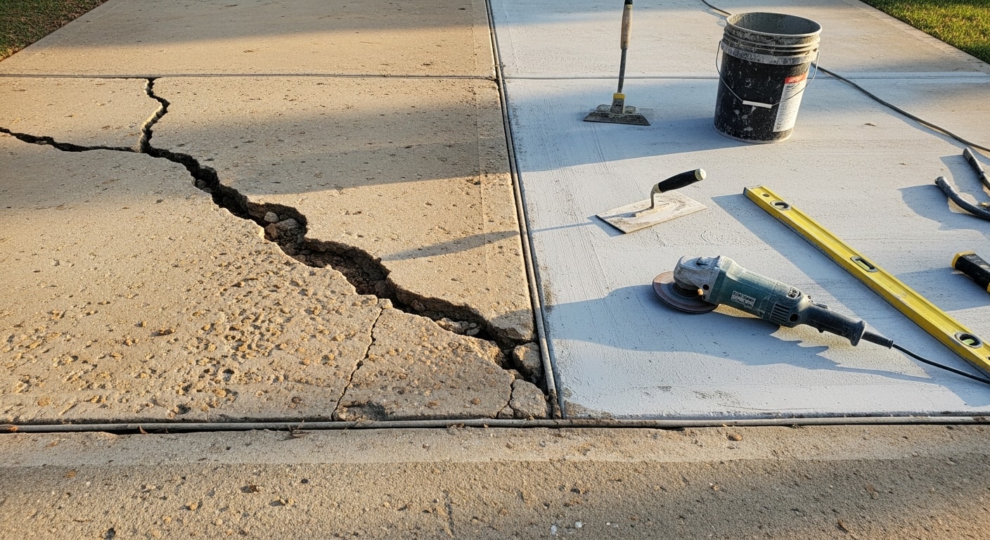 A repaired concrete driveway in Dallas, Texas showing a smooth, level surface with filled cracks and clean edges. The finished repair blends with the surrounding slab on a residential property.