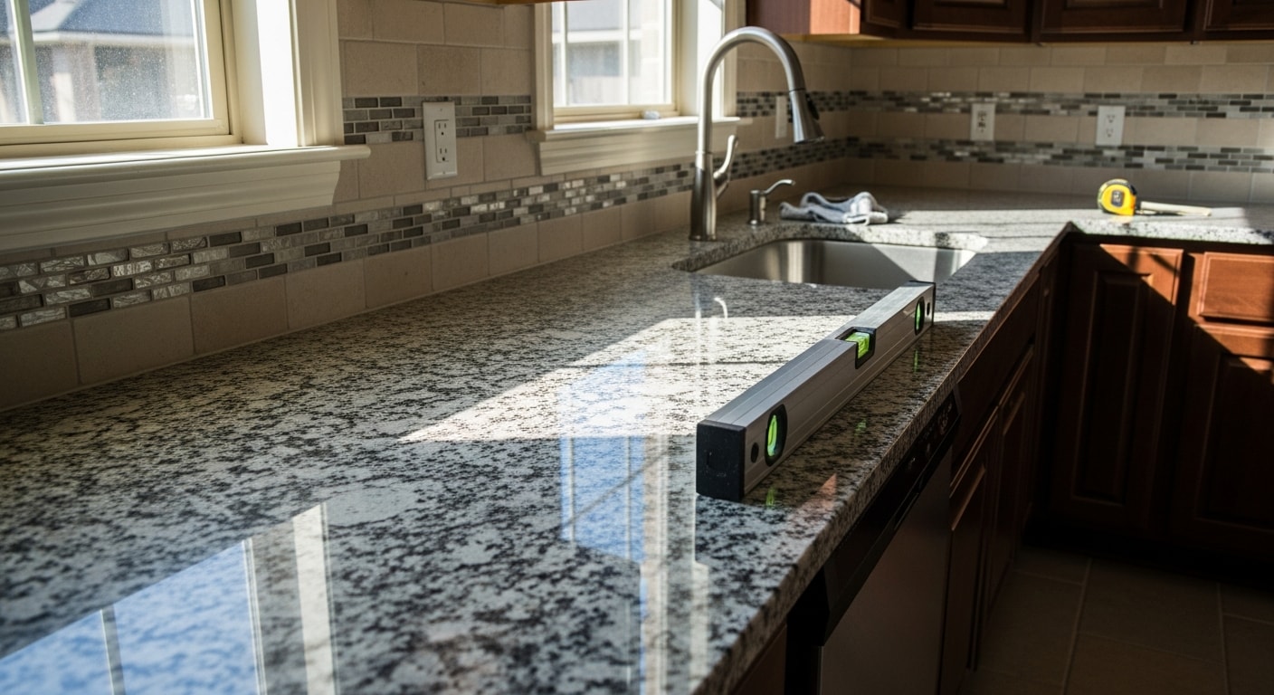 Freshly installed stone countertop on white kitchen cabinets in a Dallas home, with a clean undermount sink cutout and flush seams along the cabinet run. The surface is level and uncluttered, showing the finished result of a professional countertop installation.