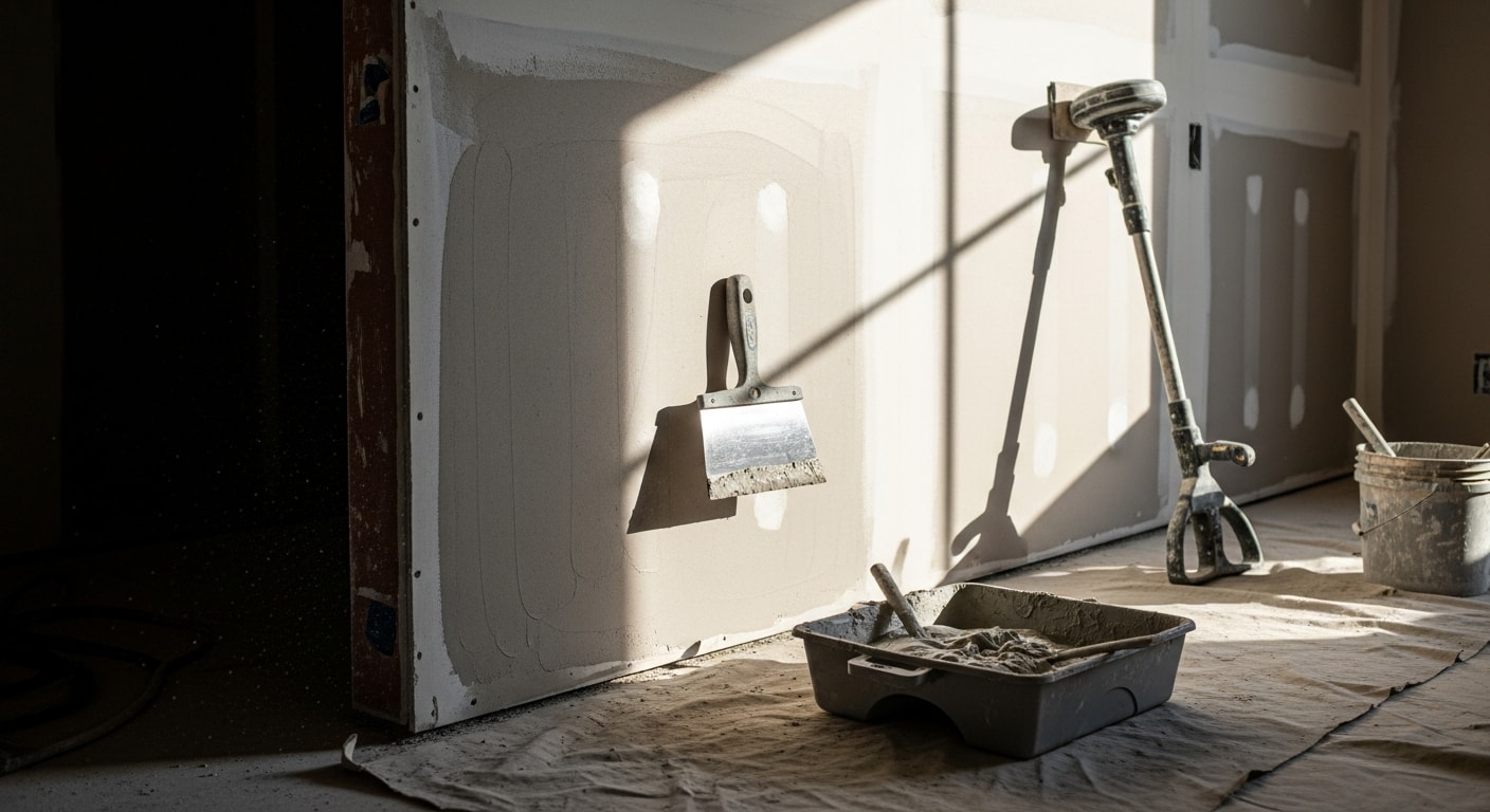 A Dallas home interior showing freshly finished drywall walls with smooth, seam-free surfaces ready for paint. A crew member sands a taped joint along a corner wall in a newly remodeled room.