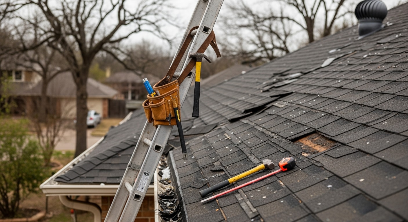 A Dallas residential roof with visible hail and wind damage showing missing shingles and exposed decking, with a roofing contractor from New Image Concrete & Construction inspecting the affected area after a storm.