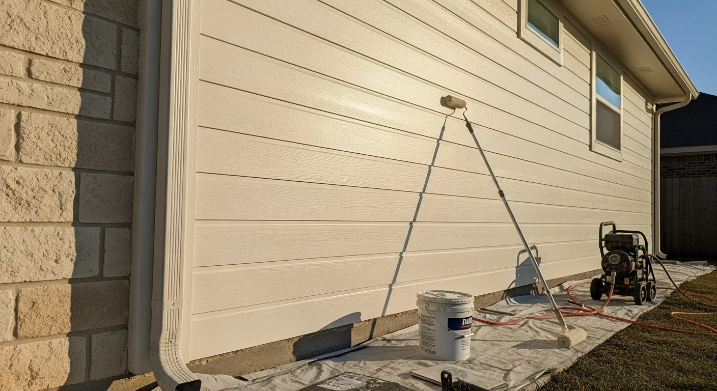 A freshly painted single-family home exterior in Dallas, Texas, showing clean siding, sharp trim lines, and even color coverage on a bright day. The finished surface shows no peeling or fading typical of North Texas sun exposure.