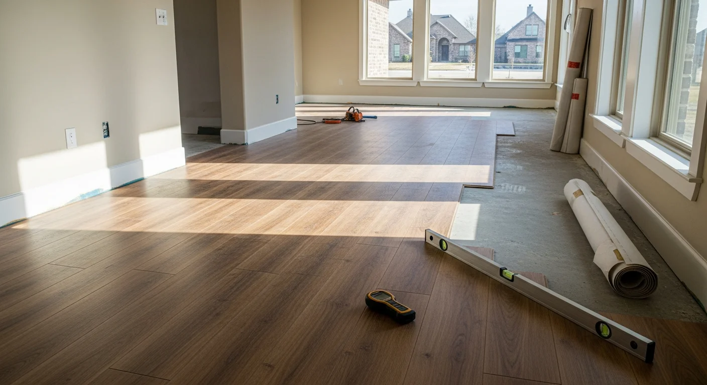 Freshly installed hardwood flooring in a Dallas residential living room, showing clean plank lines and a smooth, level surface extending toward an open-concept kitchen. The installation reflects subfloor preparation suited to North Texas climate conditions.