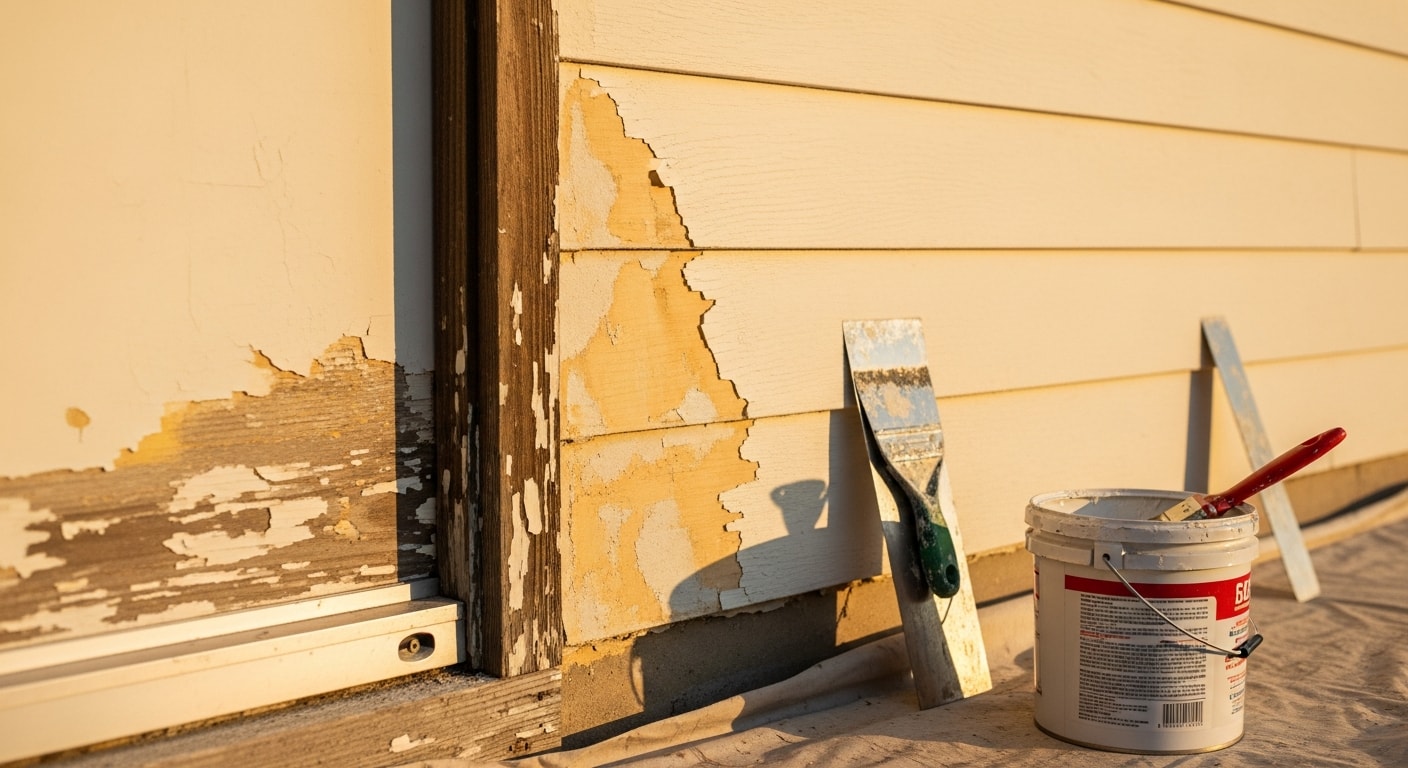Close-up of a Dallas home exterior showing a completed paint repair on wood trim, with smooth, even coverage blending into the surrounding painted siding. The repaired section shows no visible cracking, peeling, or color mismatch against the adjacent surface.