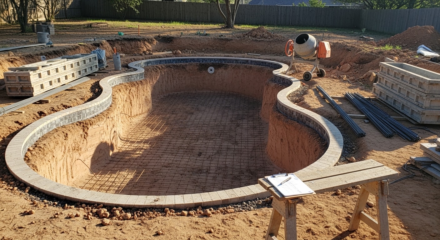 Finished inground concrete pool with poured concrete decking in a Dallas residential backyard. Steel-reinforced pool shell and smooth deck surface show completed construction on a standard suburban lot.