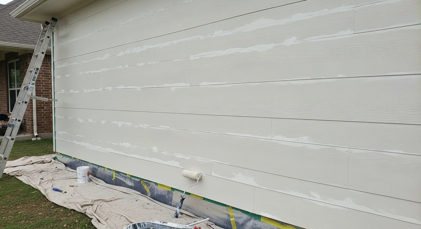 A freshly painted single-family home exterior in Dallas, Texas, showing clean trim lines, uniform color on fiber cement siding, and a painted front door. A residential painting contractor's work is visible across the full front elevation in a clear Texas afternoon.