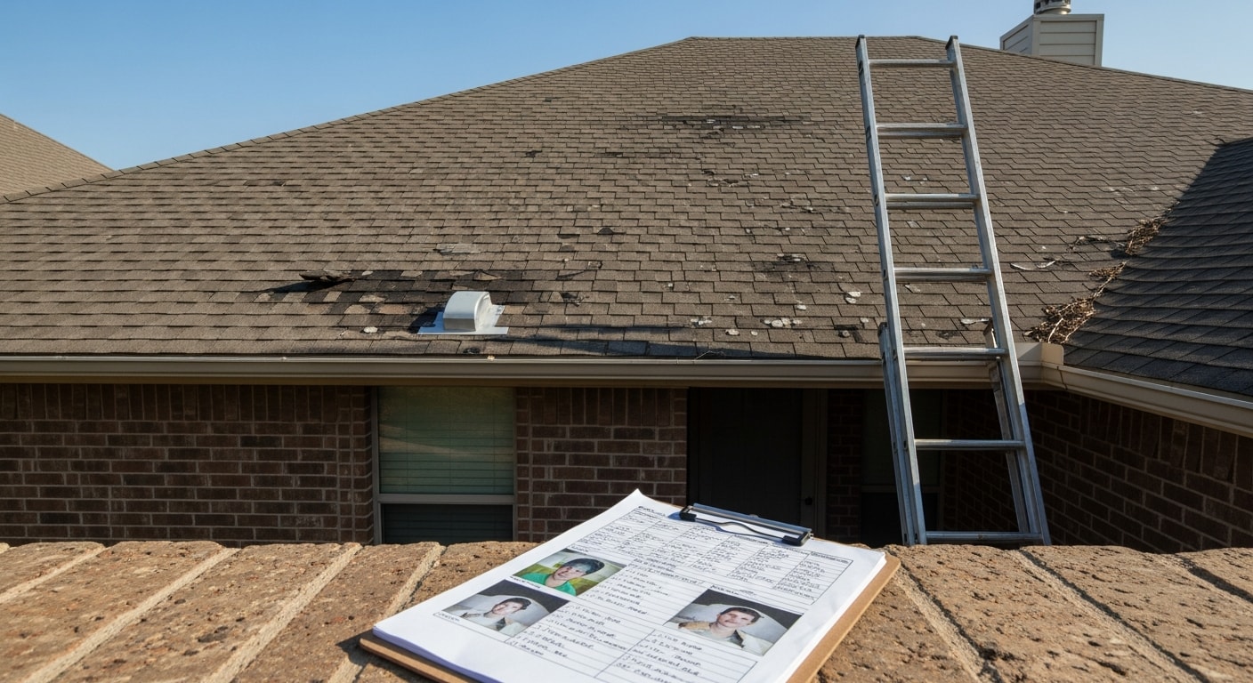 A roofing contractor from New Image Concrete & Construction inspecting shingles and flashing on a residential Dallas home after a hail storm. Close-up view of the roof surface showing granule loss and a written inspection report on a clipboard.