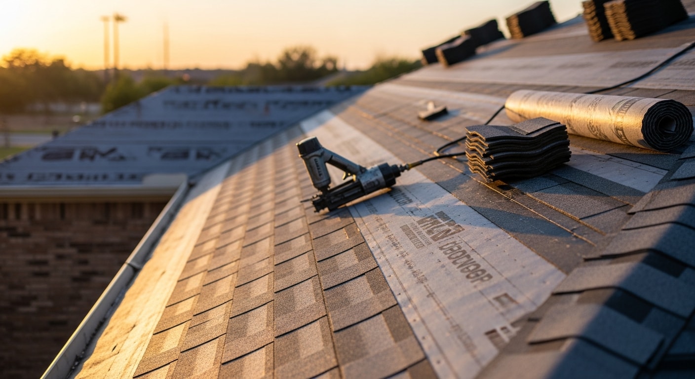 A completed residential roof installation on a single-story Dallas home, showing new roofing material laid across the full deck with finished ridge line and flashing visible at the roofline edges. The surrounding neighborhood reflects a typical North Texas residential street.
