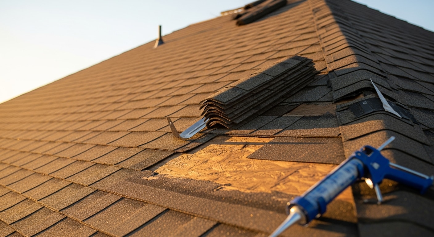 A Dallas residential roof after storm repair, showing replaced shingles and sealed flashing along the ridge line. The repaired section blends with the surrounding roof surface on a single-story brick home.