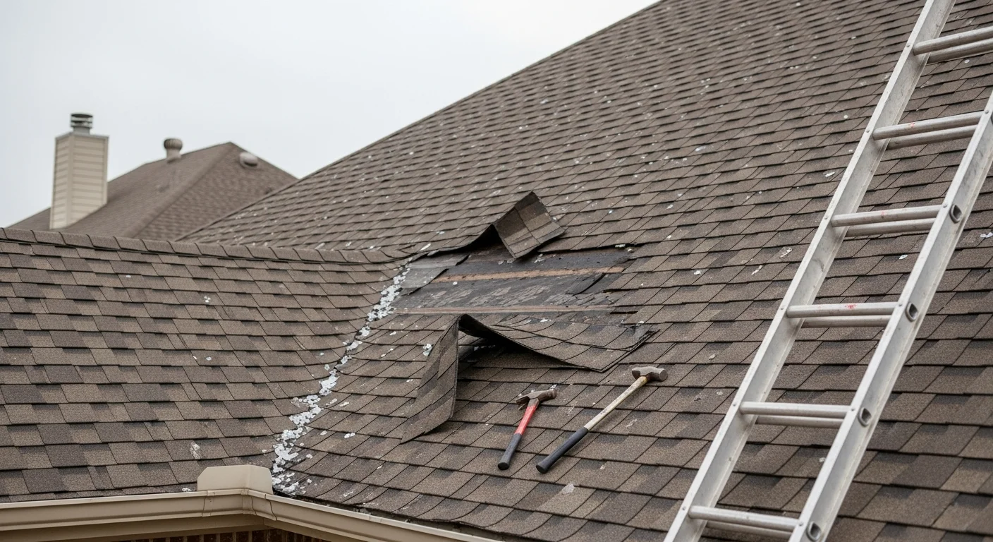 A completed residential roof replacement on a Dallas home showing new shingles installed across a multi-pitch roofline. The surrounding neighborhood reflects the mix of traditional and modern home styles common across North Texas.