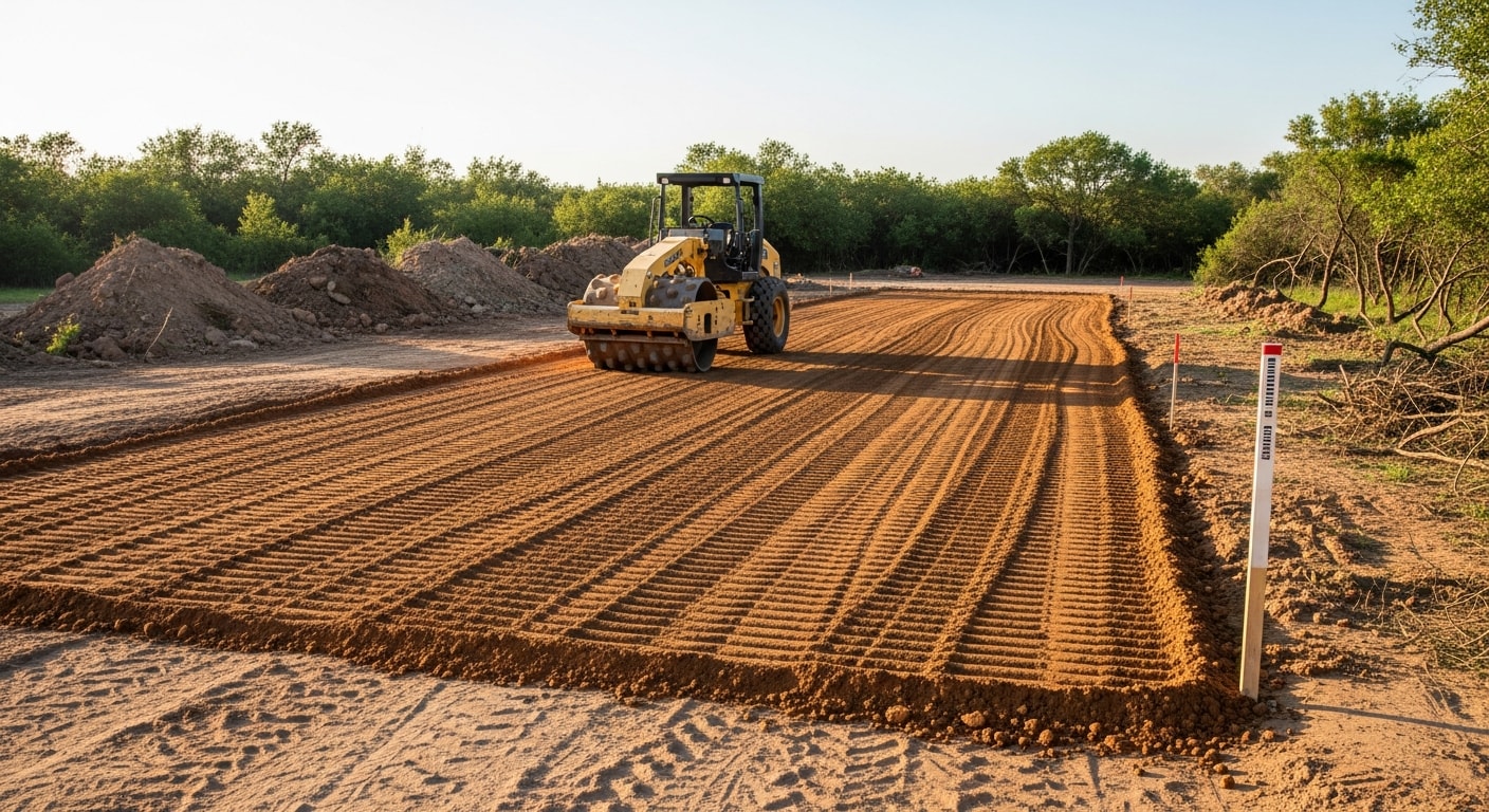 A Dallas construction site with freshly graded and compacted soil ready for a concrete slab pour. Heavy equipment has leveled the clay-heavy ground and shaped drainage slopes away from the build area.