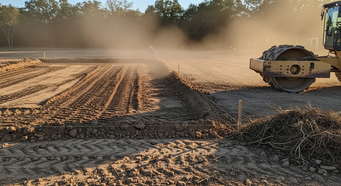 A graded and compacted dirt lot in Dallas, Texas, cleared of vegetation and leveled in preparation for a concrete slab pour. Construction equipment sits at the edge of the prepared site on a dry Texas day.